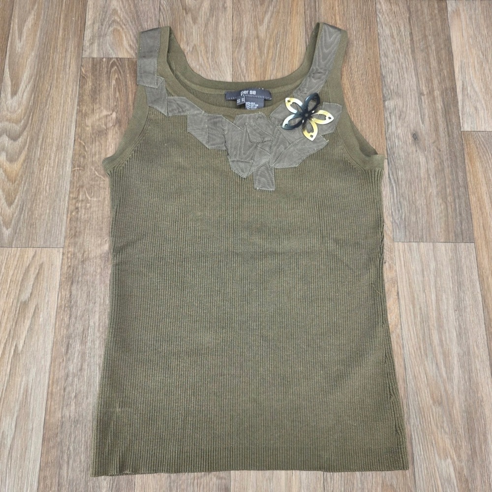 Per Se Olive Green Silk Cotton Ribbed Knit Tank Top Floral Applique Size M